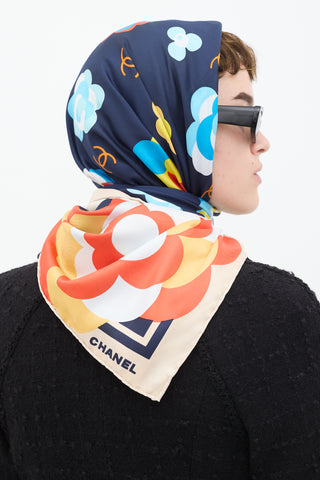 Chanel Navy & Multicolour Silk CC Camellia Printed Scarf