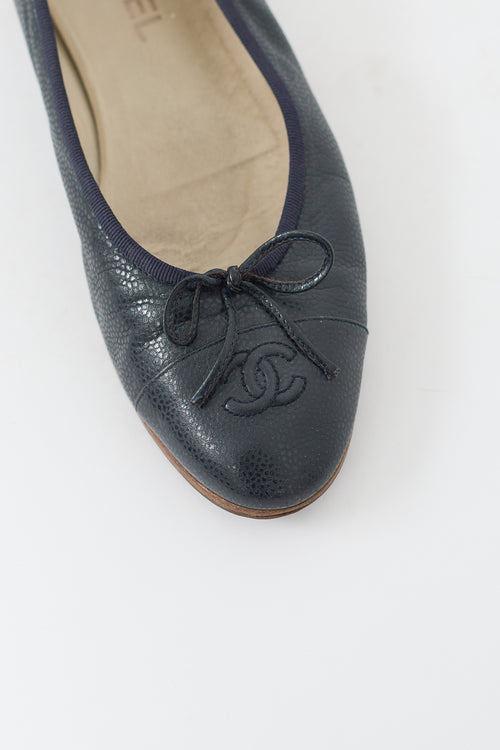 Chanel Navy Pebbled Leather CC Ballet Flat