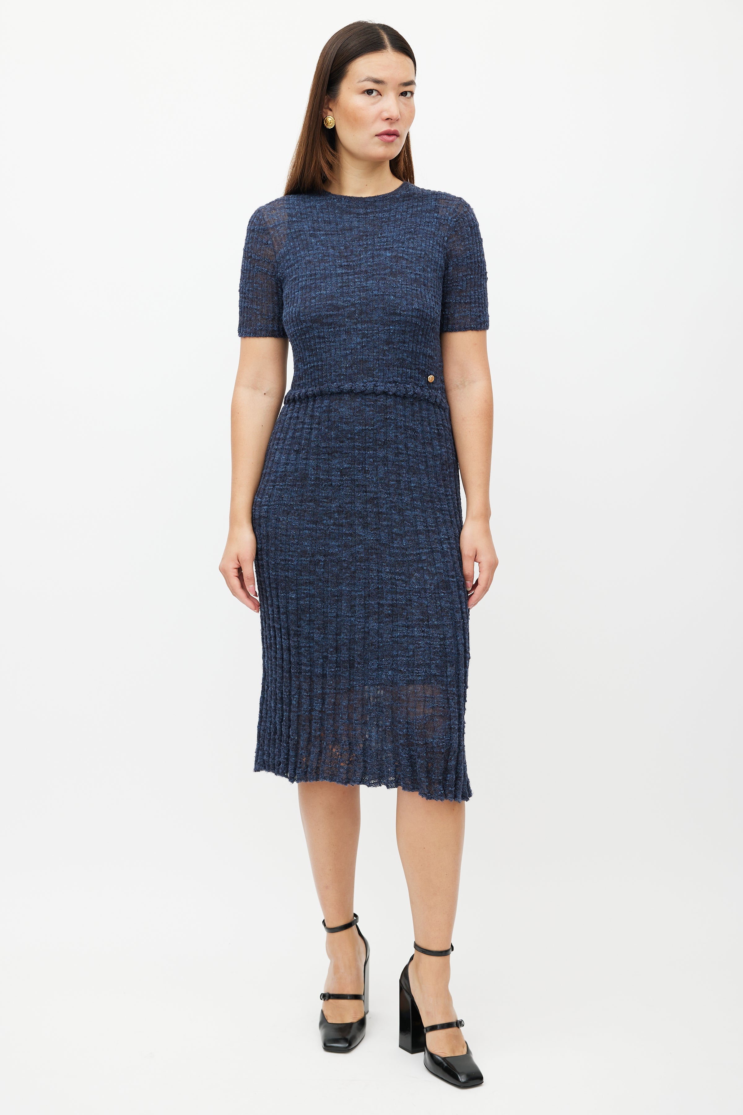 chanel navy blue dress 90s Chanel Navy Wool Dress