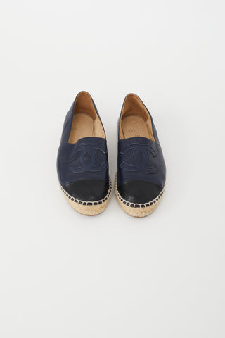 Chanel Navy & Black Leather Logo Espadrille Flat