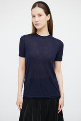 Chanel Navy Cashmere Sequin CC Short Sleeve Top
