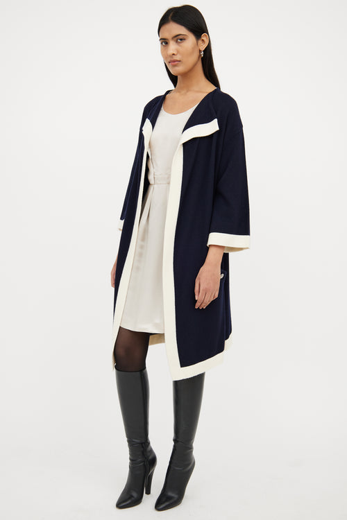 Chanel Navy & White Cashmere Open Front Cardigan