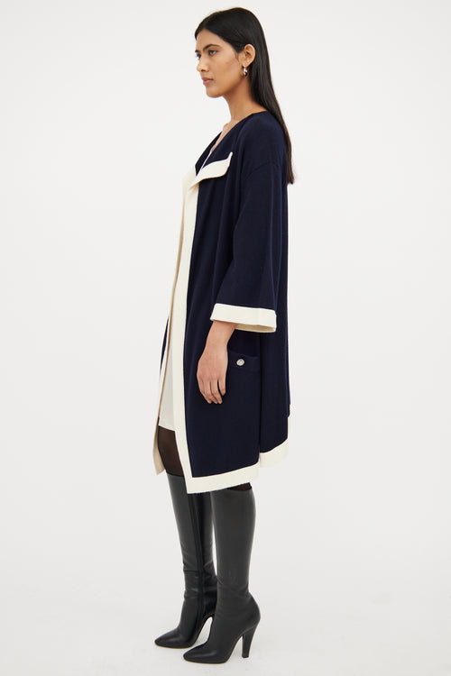 Chanel Navy & White Cashmere Open Front Cardigan