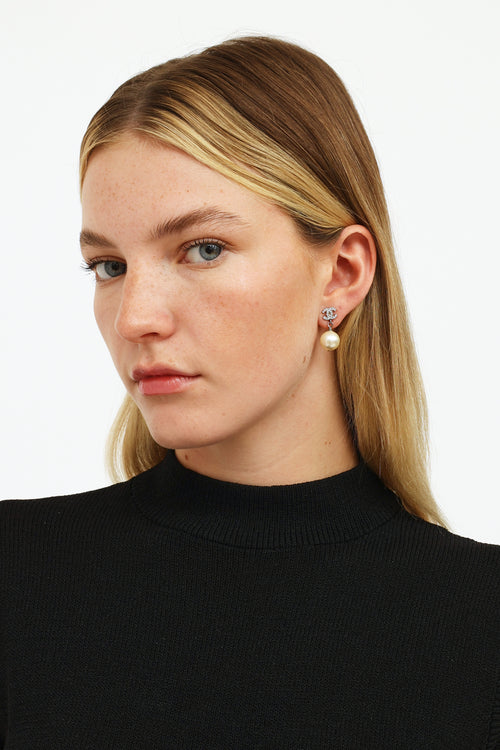 Chanel 2019 Silver Crystal CC Pearl Drop Earring