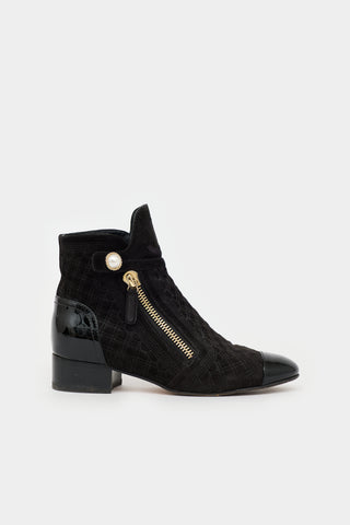 Chanel Pearl CC Quilted Suede Ankle Boot