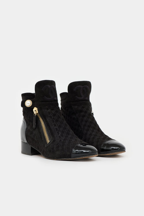 Chanel Pearl CC Quilted Suede Ankle Boot