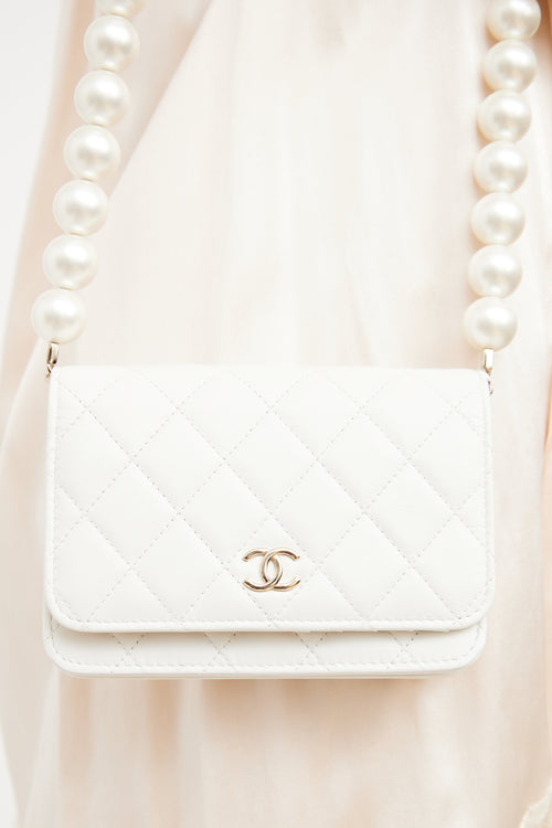 Chanel 2021 White Pearl Strap Mini Wallet On Chain Bag