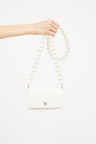 Chanel 2021 White Pearl Strap Mini Wallet On Chain Bag