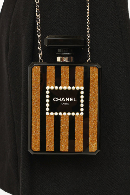 Chanel 2017 Black Perfume Bottle Minaudiere Pearl Embellished Clutch Bag