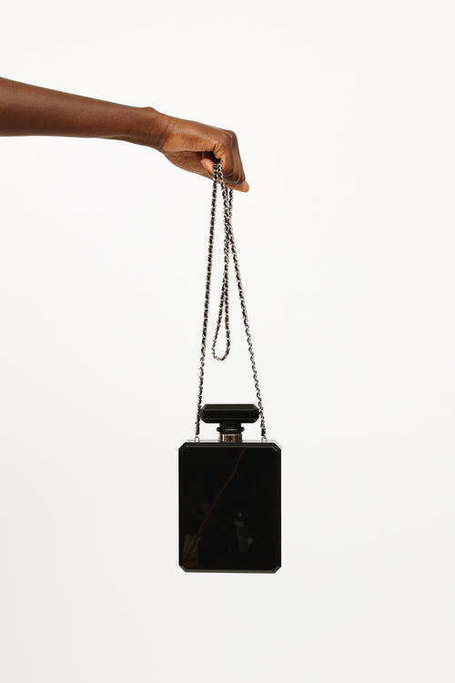 Chanel 2017 Black Perfume Bottle Minaudiere Pearl Embellished Clutch Bag