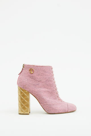 Chanel Pink & Gold Felt Quilted Heel Booties