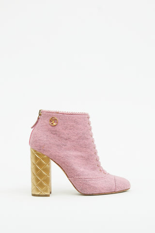 Chanel Pink & Gold Felt Quilted Heel Booties