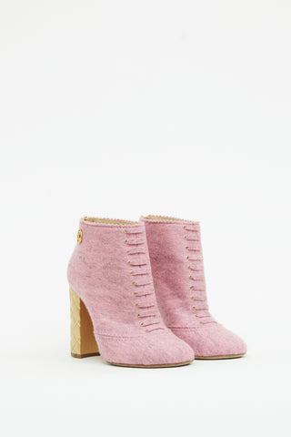 Chanel Pink & Gold Felt Quilted Heel Booties