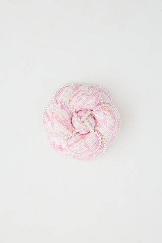 Chanel Tweed Pearl Camellia Brooch