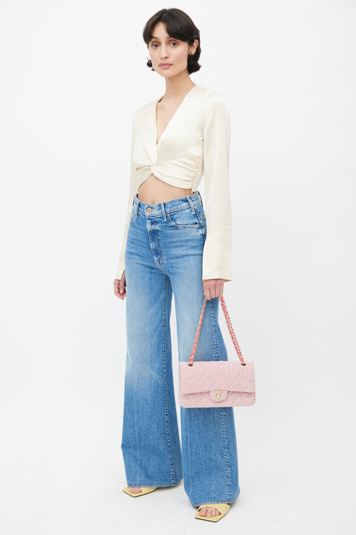 Chanel 2020 Pink & Grey Tweed Double Flap Shoulder Bag
