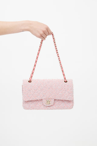 Chanel 2020 Pink & Grey Tweed Double Flap Shoulder Bag