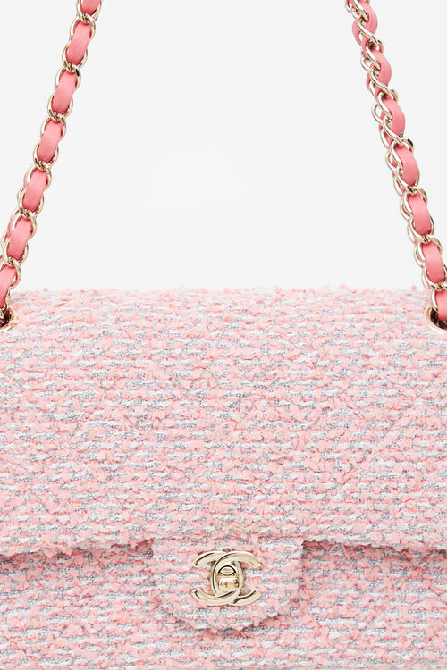 Chanel 2020 Pink & Grey Tweed Double Flap Shoulder Bag