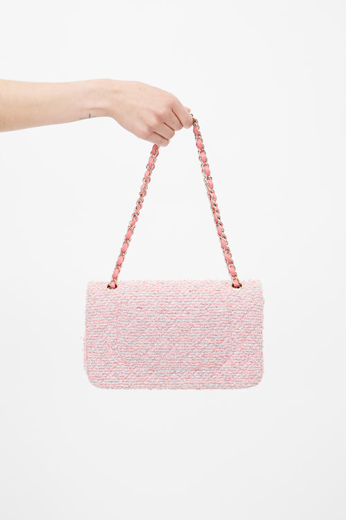 Chanel 2020 Pink & Grey Tweed Double Flap Shoulder Bag
