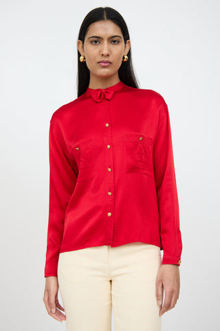 ChanelRed Silk Button Bow Top