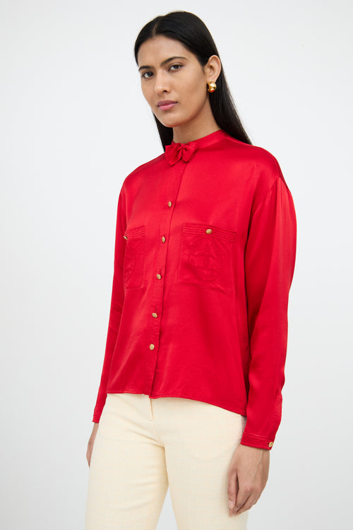 ChanelRed Silk Button Bow Top