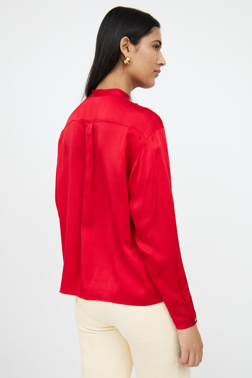 ChanelRed Silk Button Bow Top