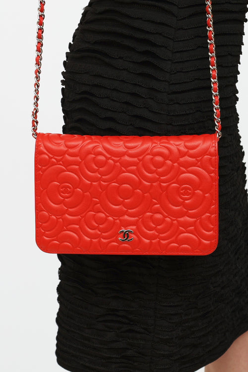 Chanel Red Camellia CC Flap Wallet On Chain