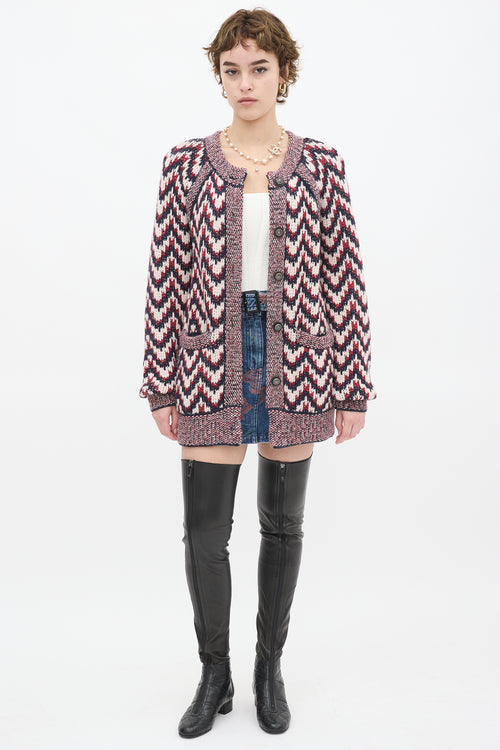 Chanel Red & Multicolour Wool Chevron Cardigan