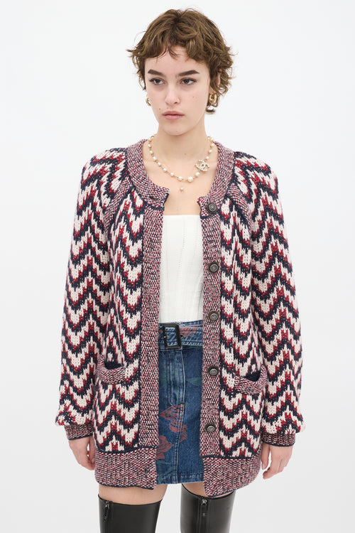 Chanel Red & Multicolour Wool Chevron Cardigan