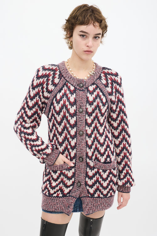 Chanel Red & Multicolour Wool Chevron Cardigan