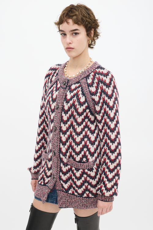 Chanel Red & Multicolour Wool Chevron Cardigan