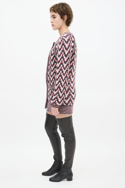 Chanel Red & Multicolour Wool Chevron Cardigan