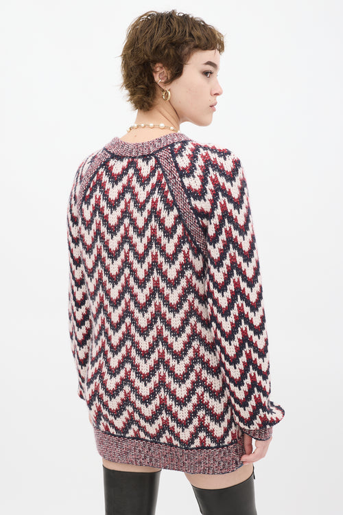 Chanel Red & Multicolour Wool Chevron Cardigan