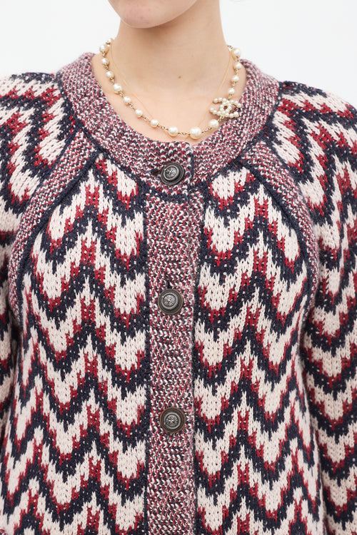 Chanel Red & Multicolour Wool Chevron Cardigan