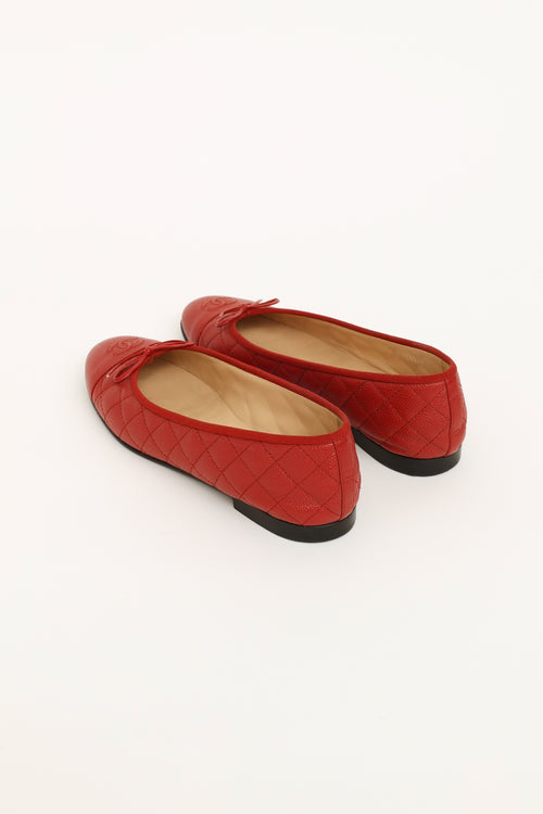 Chanel Red Caviar Quilted CC Ballet Flats