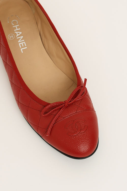 Chanel Red Caviar Quilted CC Ballet Flats