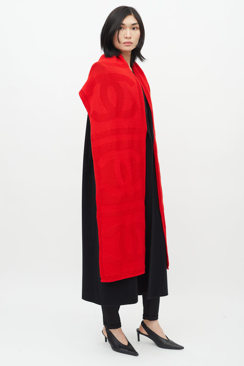 Chanel Red Wool Knit Logo Scarf