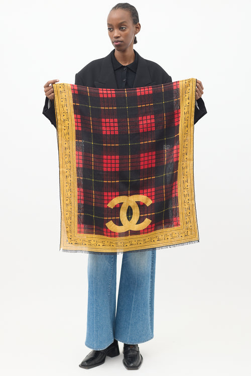 Chanel Red & Yellow Plaid CC Scarf