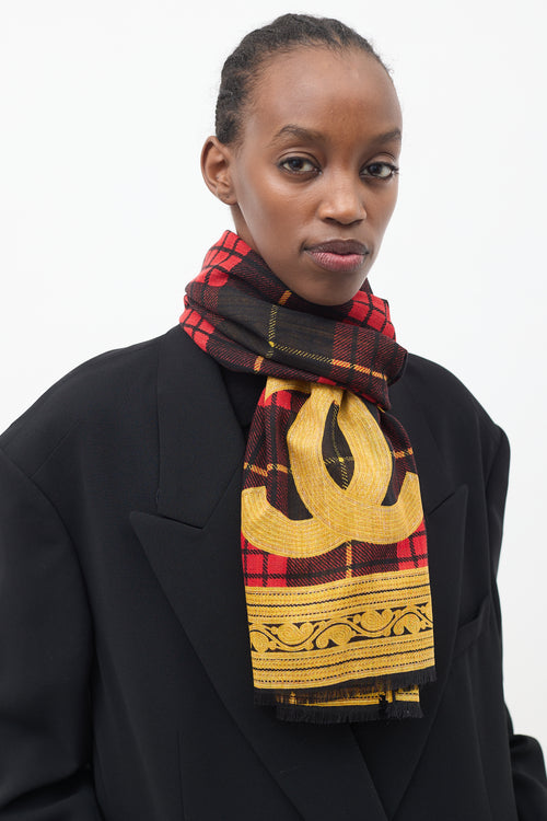 Chanel Red & Yellow Plaid CC Scarf