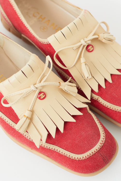 Chanel Vintage Red & Beige Fringe Loafer