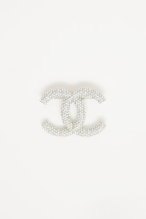 Chanel 2018 Silver Tone Crystal CC Brooch