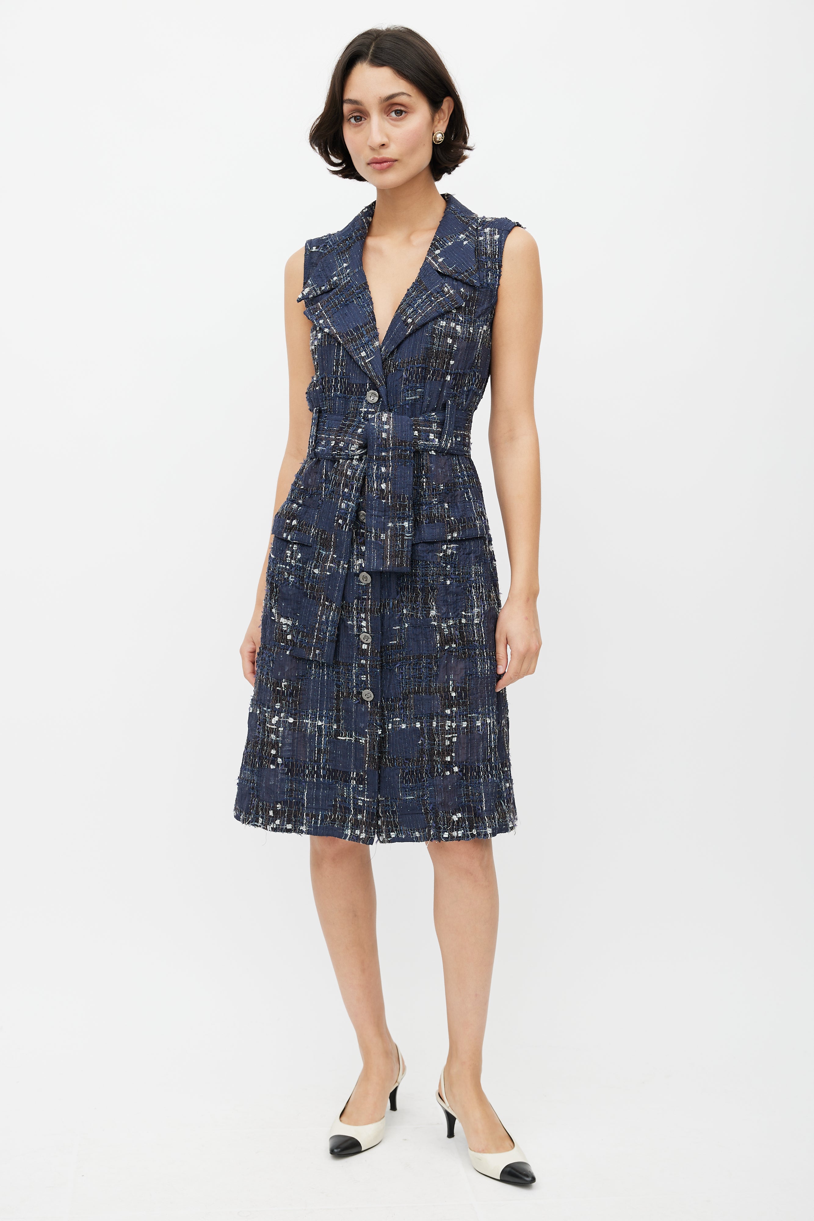 Chanel // SS 2006 Blue & Brown Silk Tweed Dress VSP Consignment Chanel // SS 2006 Blue & Brown Silk Tweed Dress VSP Consignment