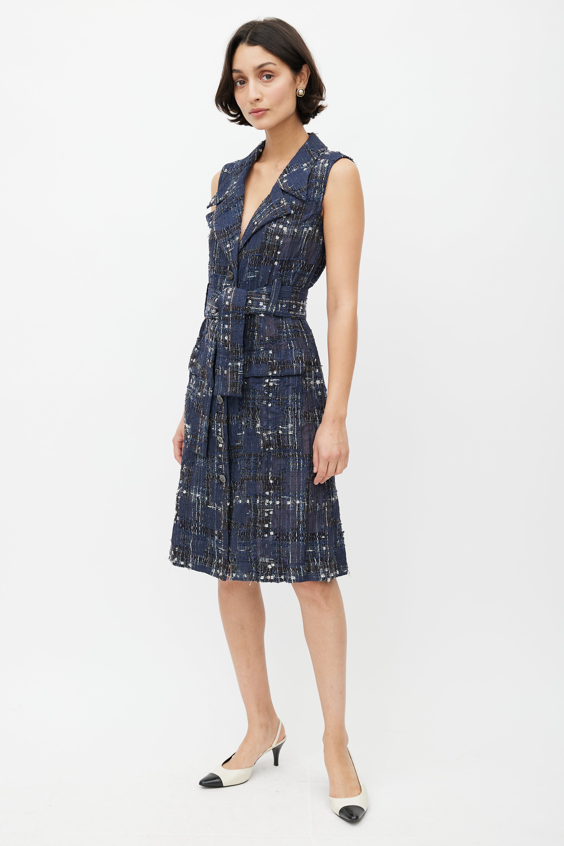 Chanel // SS 2006 Blue & Brown Silk Tweed Dress – VSP Consignment Chanel // SS 2006 Blue & Brown Silk Tweed Dress – VSP Consignment