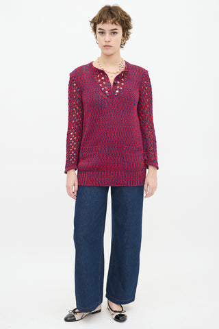 Chanel SS 2014 Red & Navy Cotton Knit Two Pocket Sweater