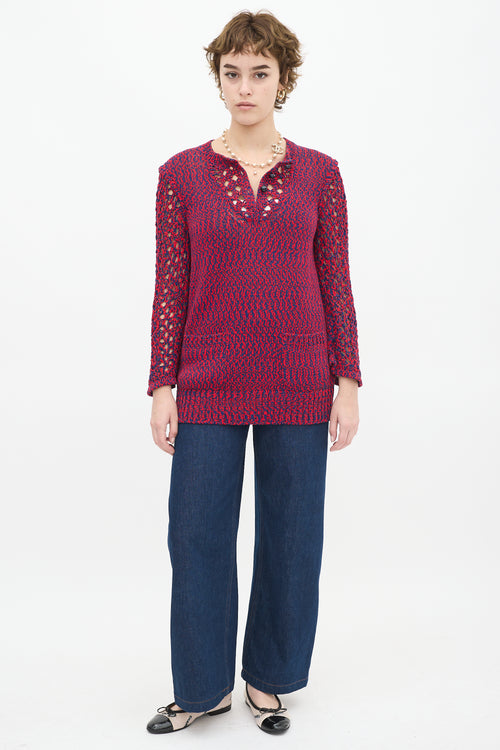 Chanel SS 2014 Red & Navy Cotton Knit Two Pocket Sweater