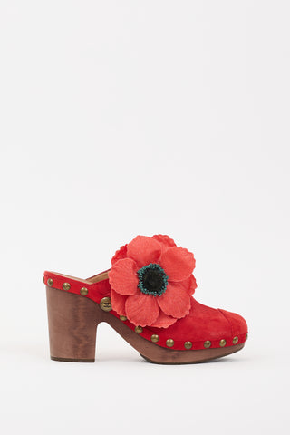 Chanel SS 2010 Red Suede Camelia Embellished Wooden Mule
