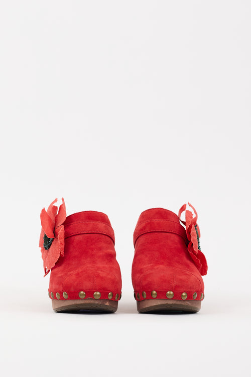 Chanel SS 2010 Red Suede Camelia Embellished Wooden Mule