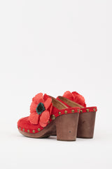 Chanel SS 2010 Red Suede Camelia Embellished Wooden Mule