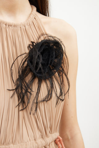 Chanel Black Silk & Feather Carmellia Brooch