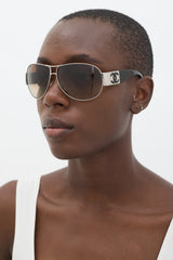 Chanel Silver & Burgundy 4128 Aviator Sunglasses