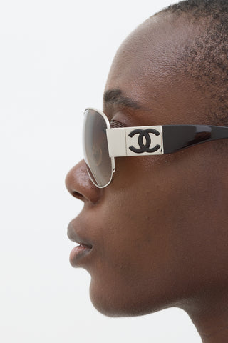 Chanel Silver & Burgundy 4128 Aviator Sunglasses